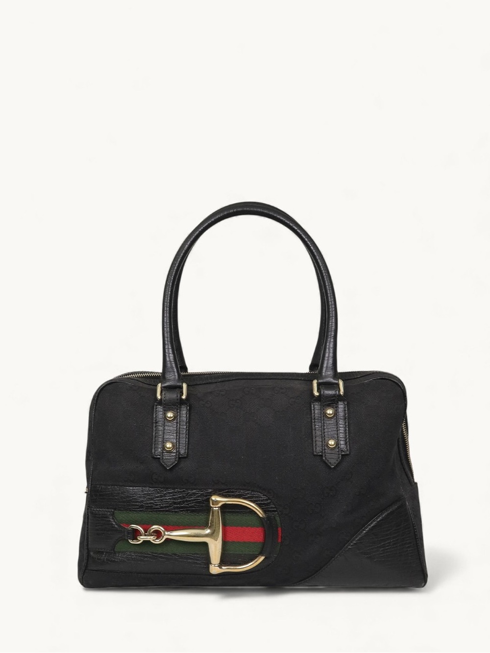 Gucci Black Canvas Shoulder Bag with Green-Red Web and Gold Buckle
